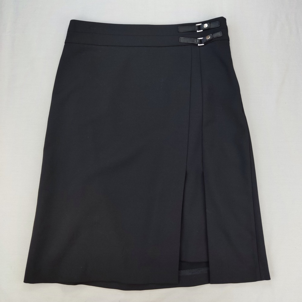White House Black Market Skirt Women 12 Black Faux Wrap Buckle Knee Length